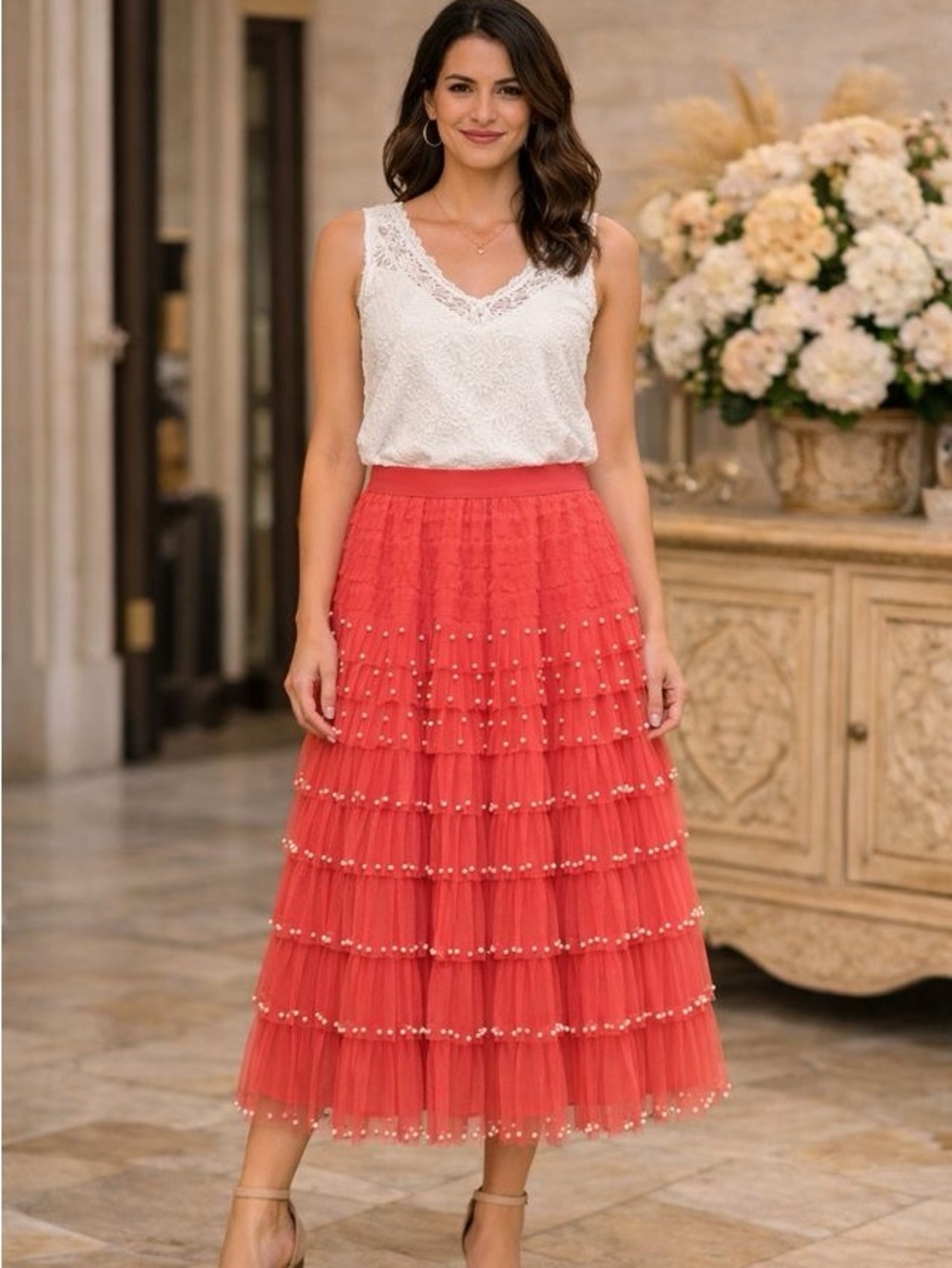 POL Coral-Pink Tiered Maxi Skirt with Pearl Accents